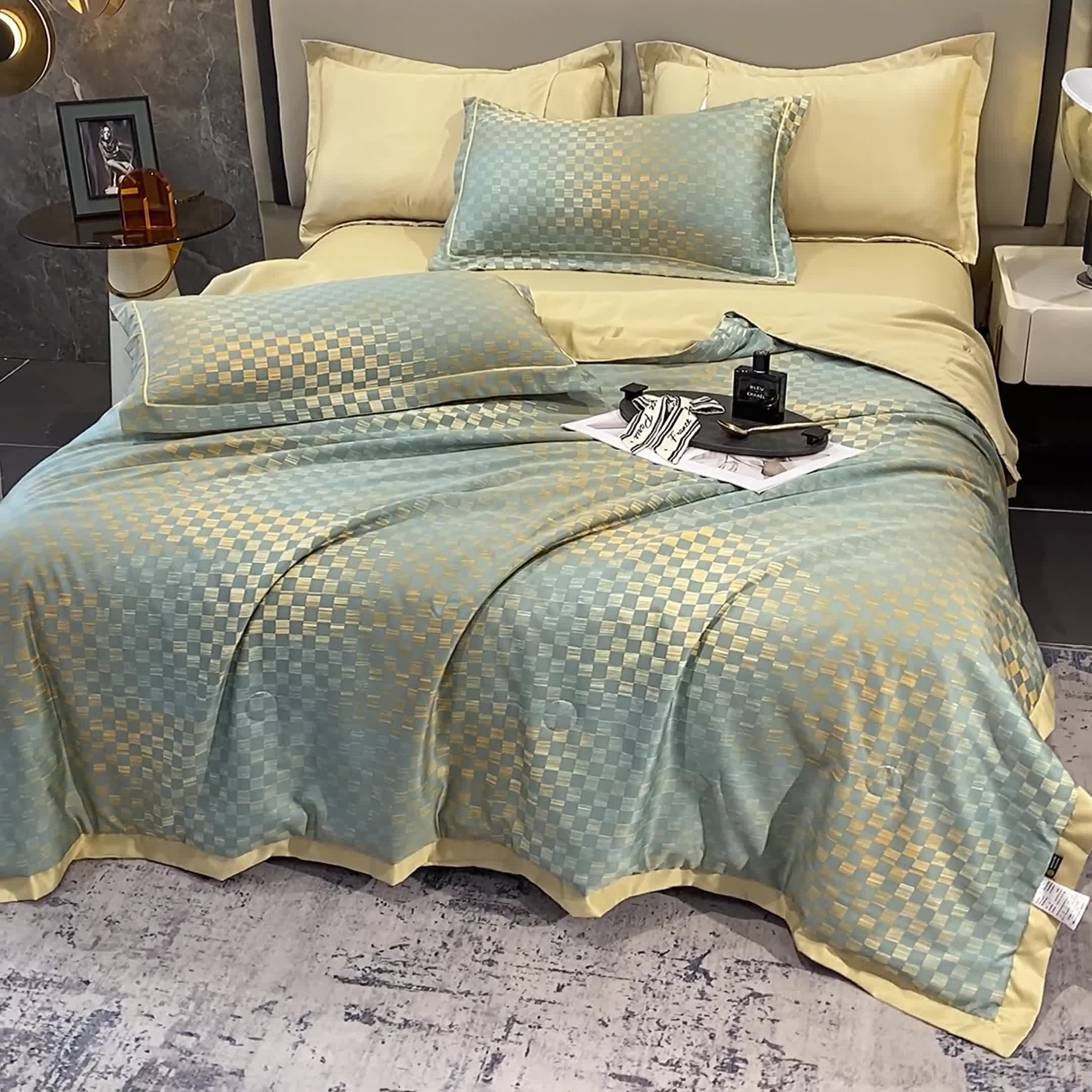 91家纺网 家纺一手货源 找家纺 2023新款直播爆品水洗真丝天丝夏凉被夏被及夏被四件套时尚绿