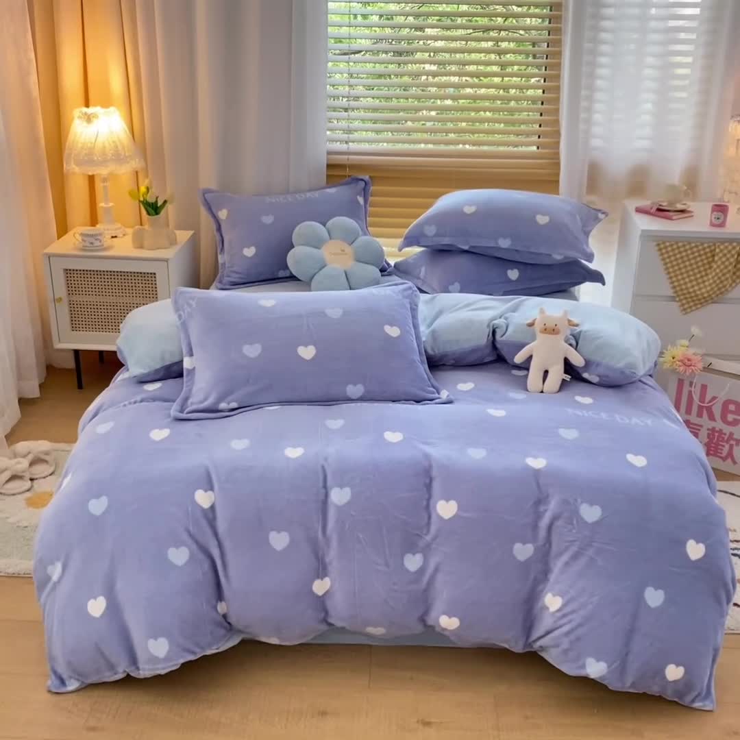 91家纺网 家纺一手货源 找家纺 川悦生活 2021新款牛奶绒四件套 心相印兰