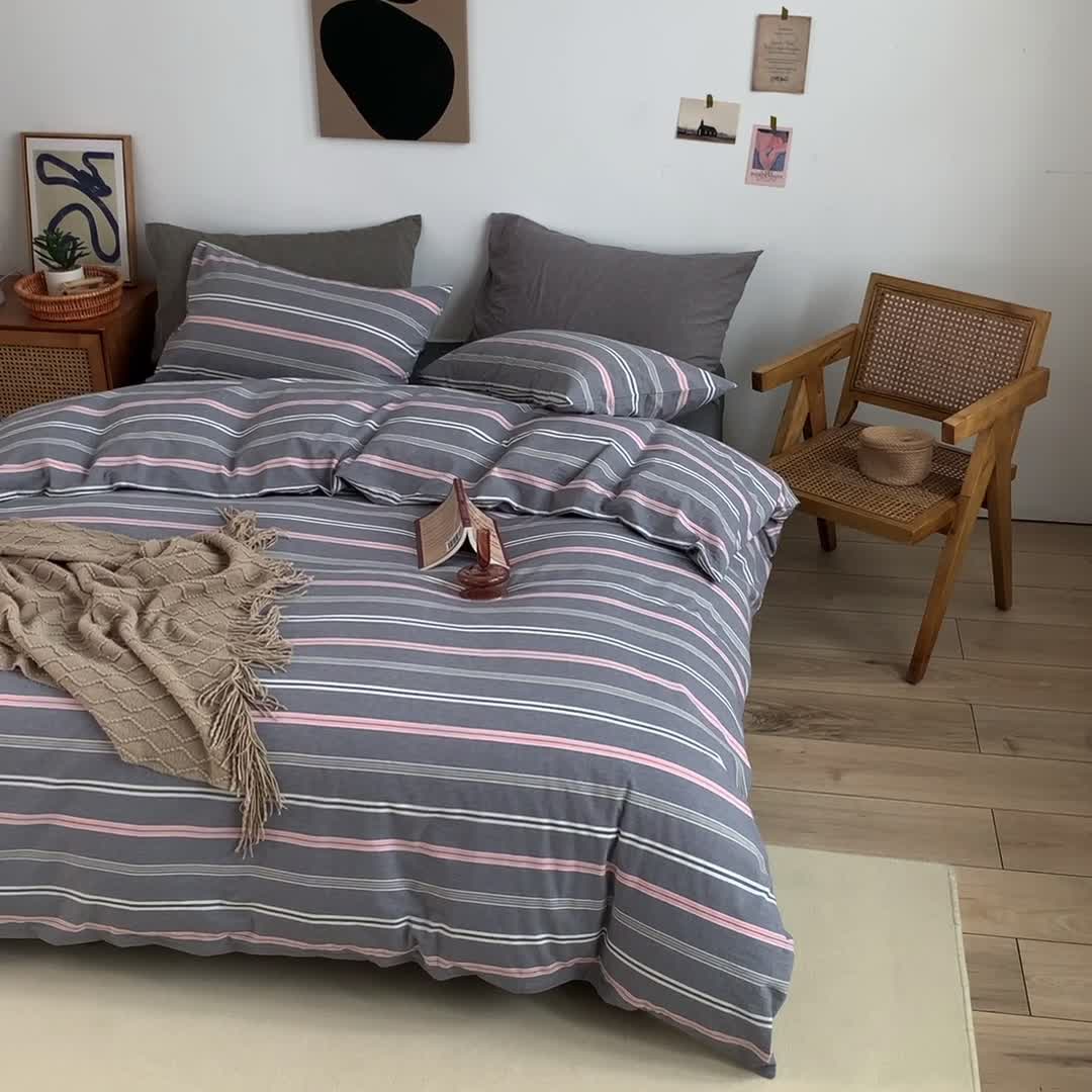 91家纺网 家纺一手货源 找家纺 水洗的故事 2022新款全棉色织水洗棉四件套系列 舒雅-灰