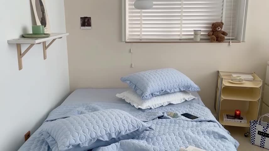 91家纺网 家纺一手货源 找家纺 六巷胡同 2023新款韩系ins波点绗缝床盖夏被四件套 蓝波点