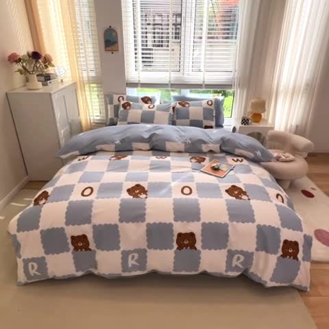 91家纺网 家纺一手货源 找家纺 晨希家居 2022全棉印花13372小清新多规格套件蓝格小熊