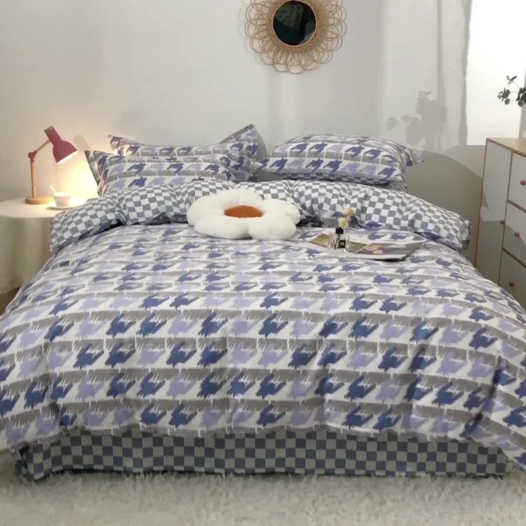 91家纺网 家纺一手货源 找家纺 晶缦 2022新款全棉12868全棉印花套件萌新系列单床单-四件套 千鸟格蓝