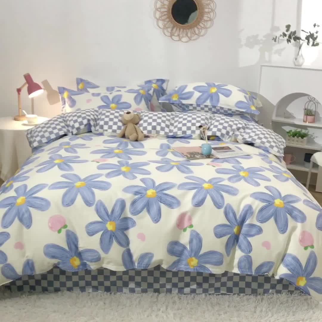 91家纺网 家纺一手货源 找家纺 晶缦 2022新款全棉12868全棉印花套件萌新系列单床单-四件套 蓝恋花