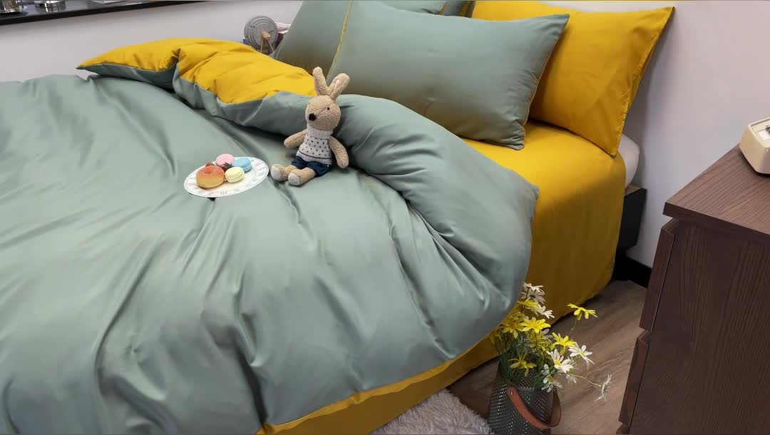91家纺网 家纺一手货源 找家纺 赫然家纺 新款纯色磨毛系列-单被套 蓝绿+姜黄