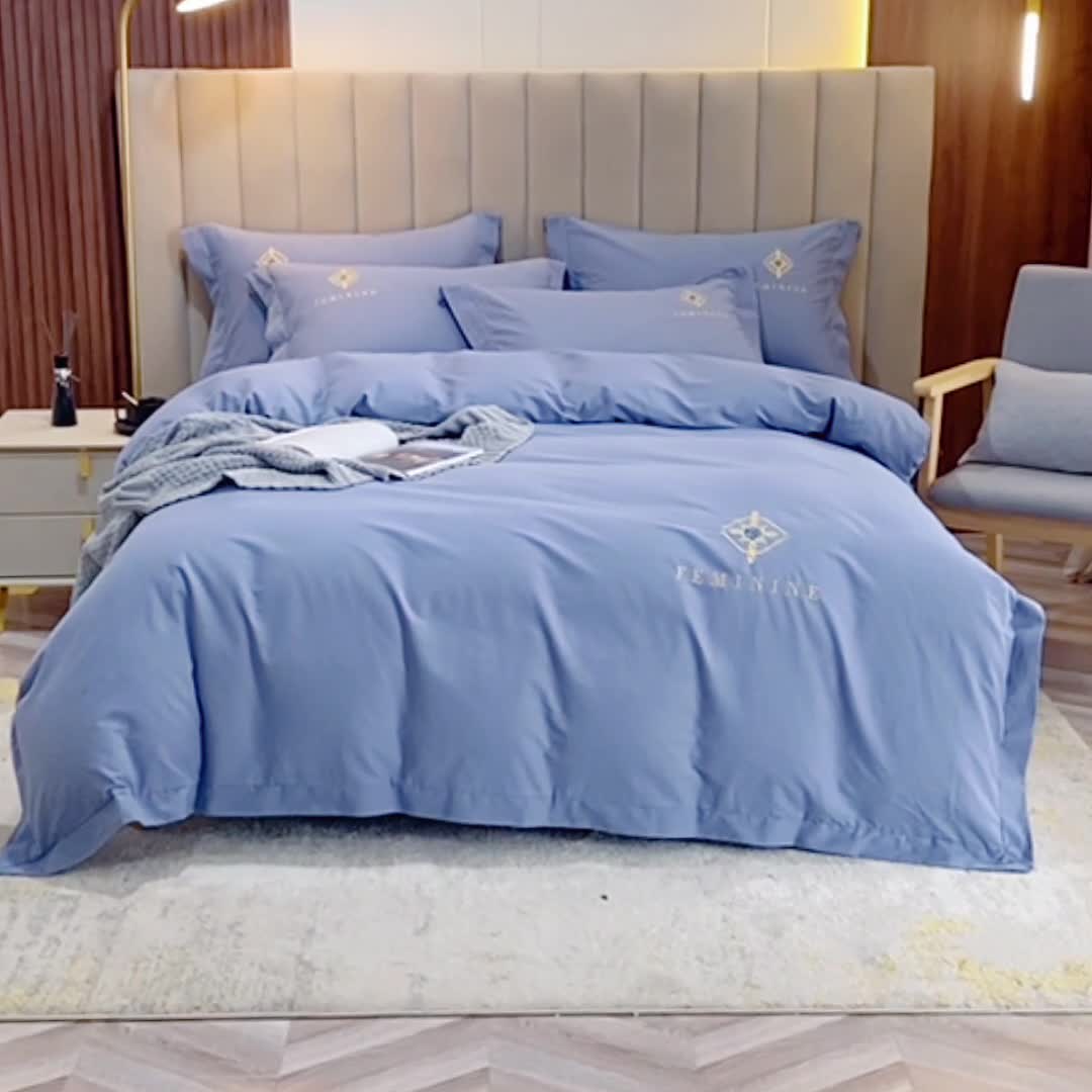 91家纺网 家纺一手货源 找家纺 优姿 2022新款100S长绒棉宽边绣花四件套爱之永恒-蓝灰