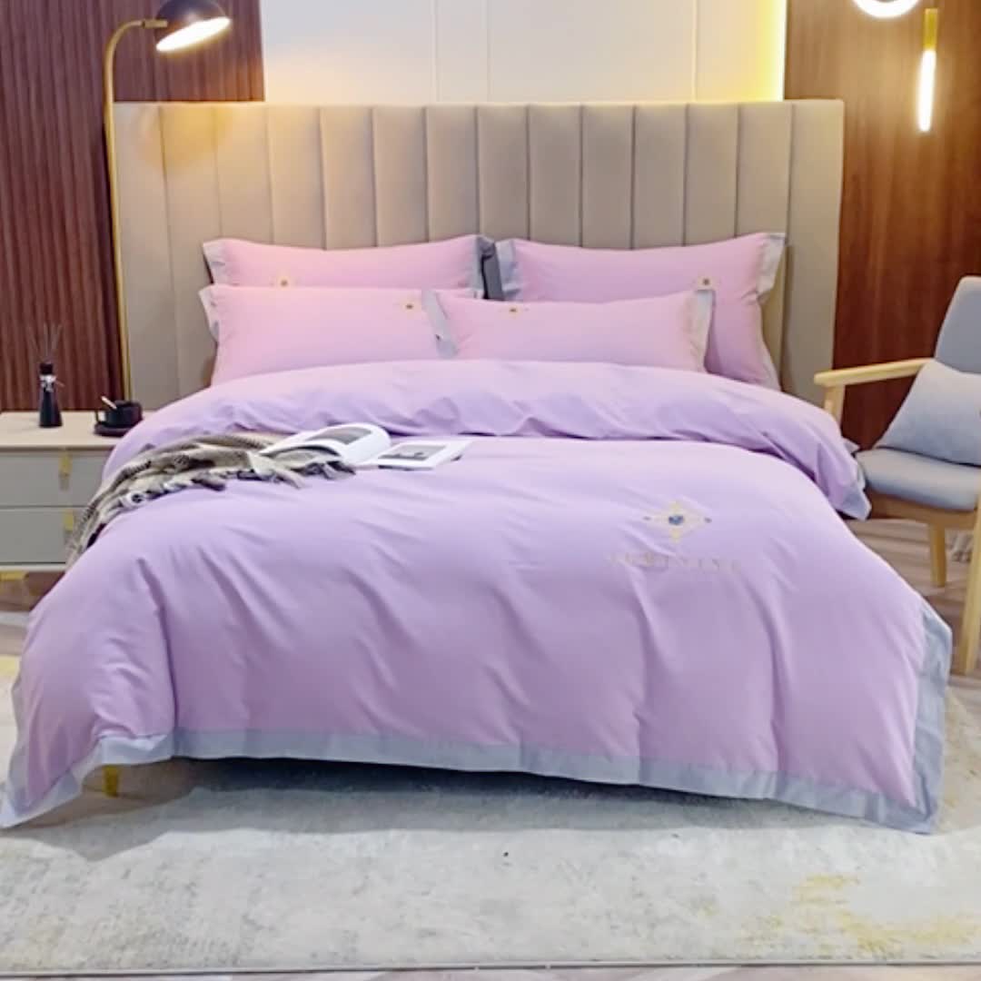 91家纺网 家纺一手货源 找家纺 优姿 2022新款100S长绒棉宽边绣花四件套爱之永恒-紫色