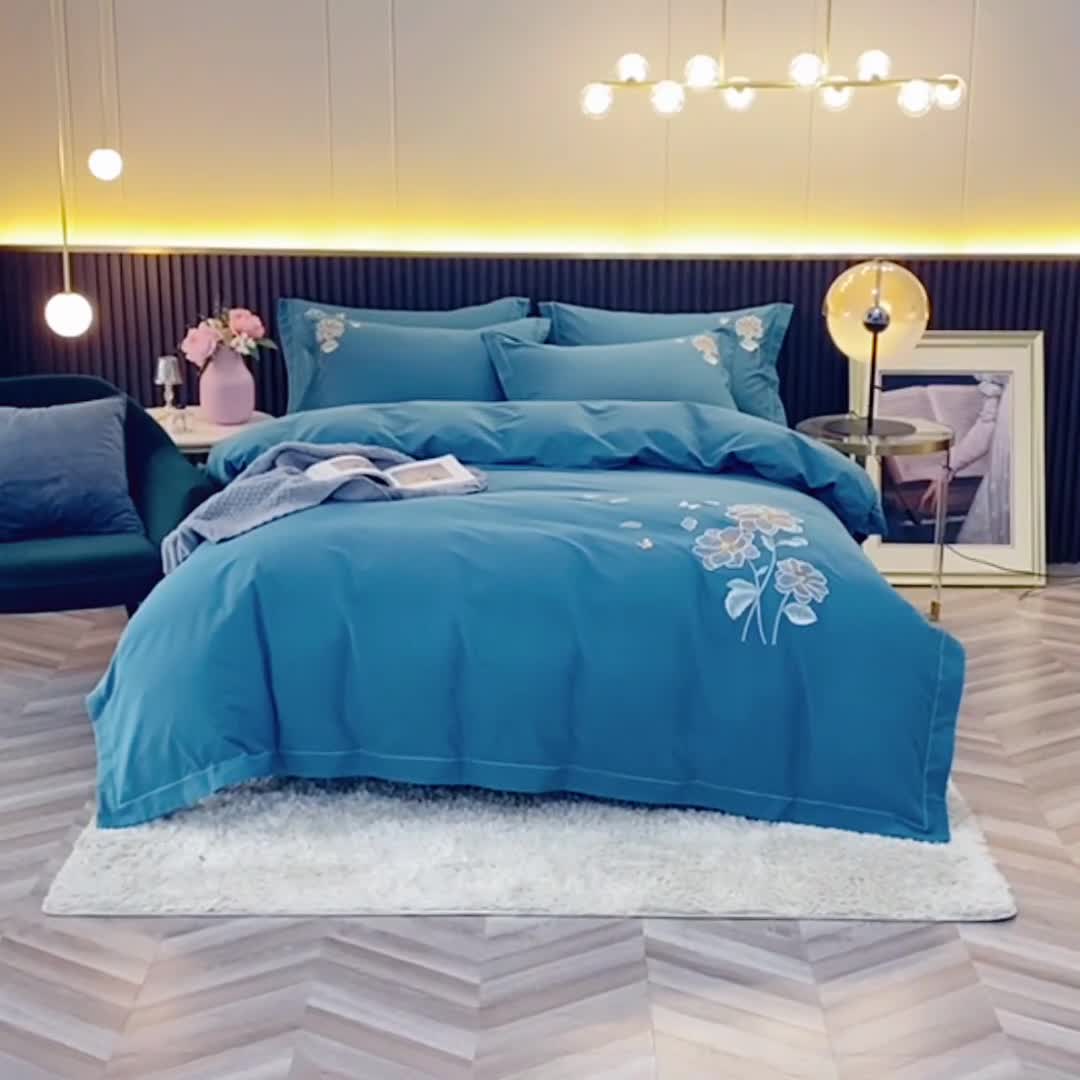 91家纺网 家纺一手货源 找家纺 优姿2022新款100S长绒棉宽边绣花四件套 蝶恋花-孔雀蓝