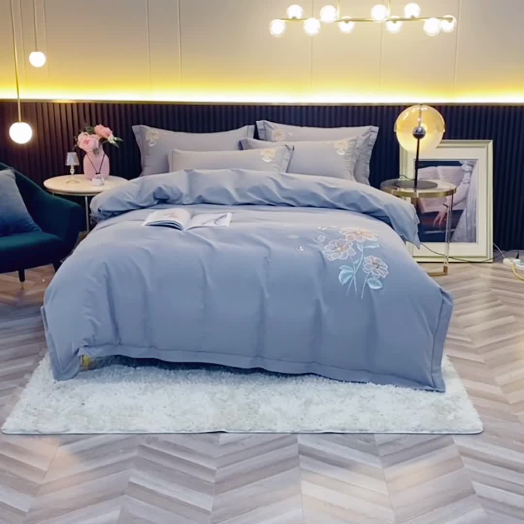 91家纺网 家纺一手货源 找家纺 优姿2022新款100S长绒棉宽边绣花四件套 蝶恋花-灰色