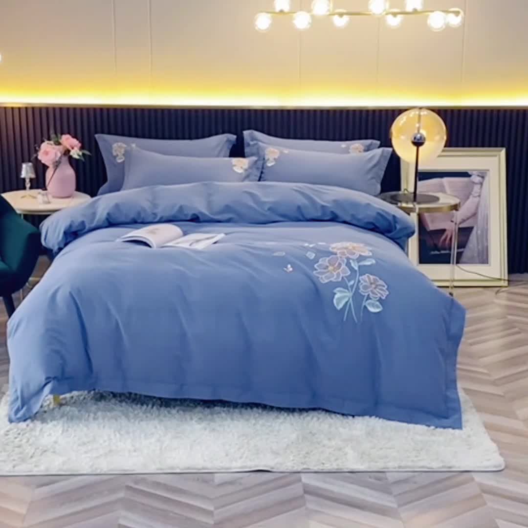 91家纺网 家纺一手货源 找家纺 优姿 2022新款100S长绒棉宽边绣花四件套 蝶恋花-蓝灰