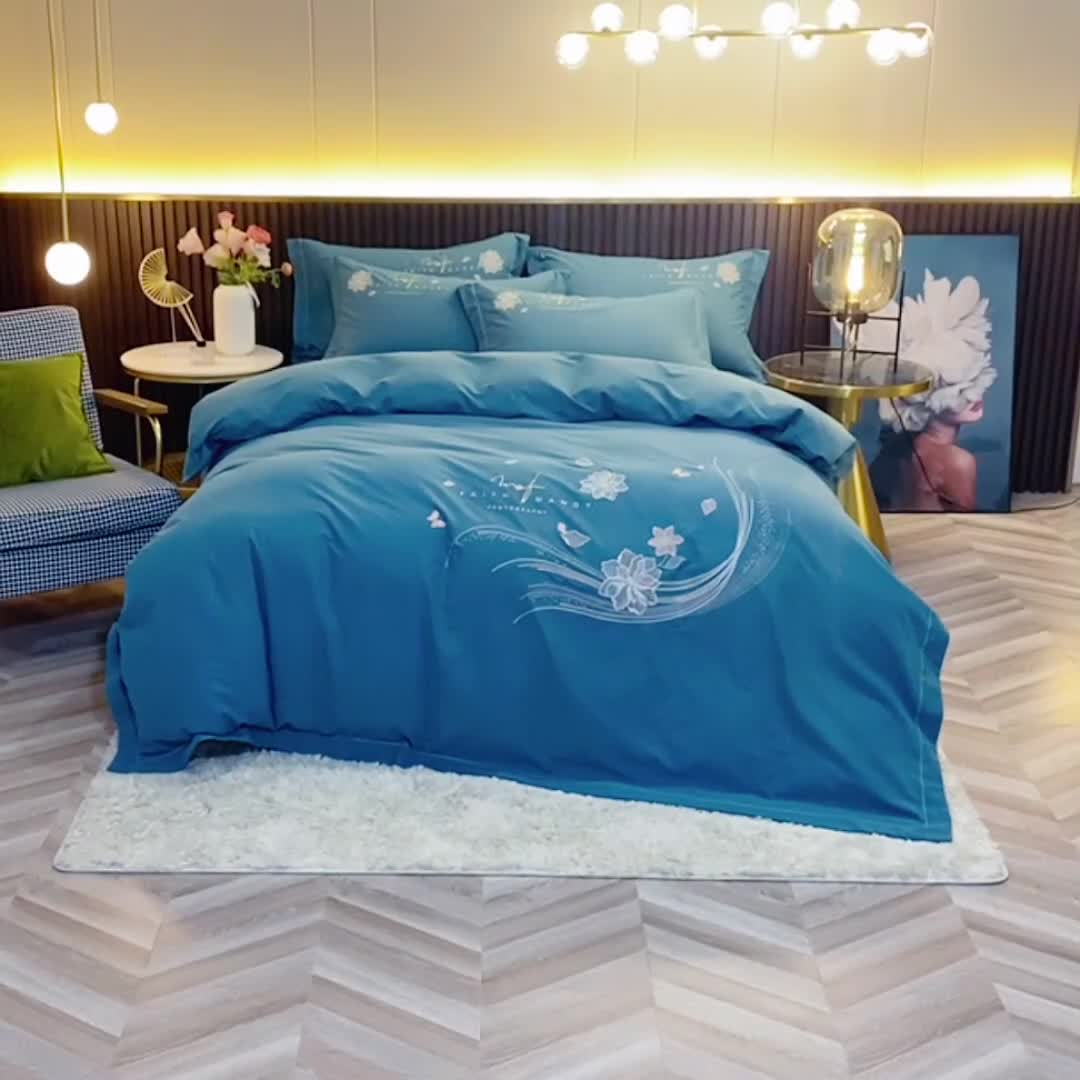 91家纺网 家纺一手货源 找家纺 优姿2022新款100S长绒棉宽边绣花四件套似锦年华-孔雀蓝