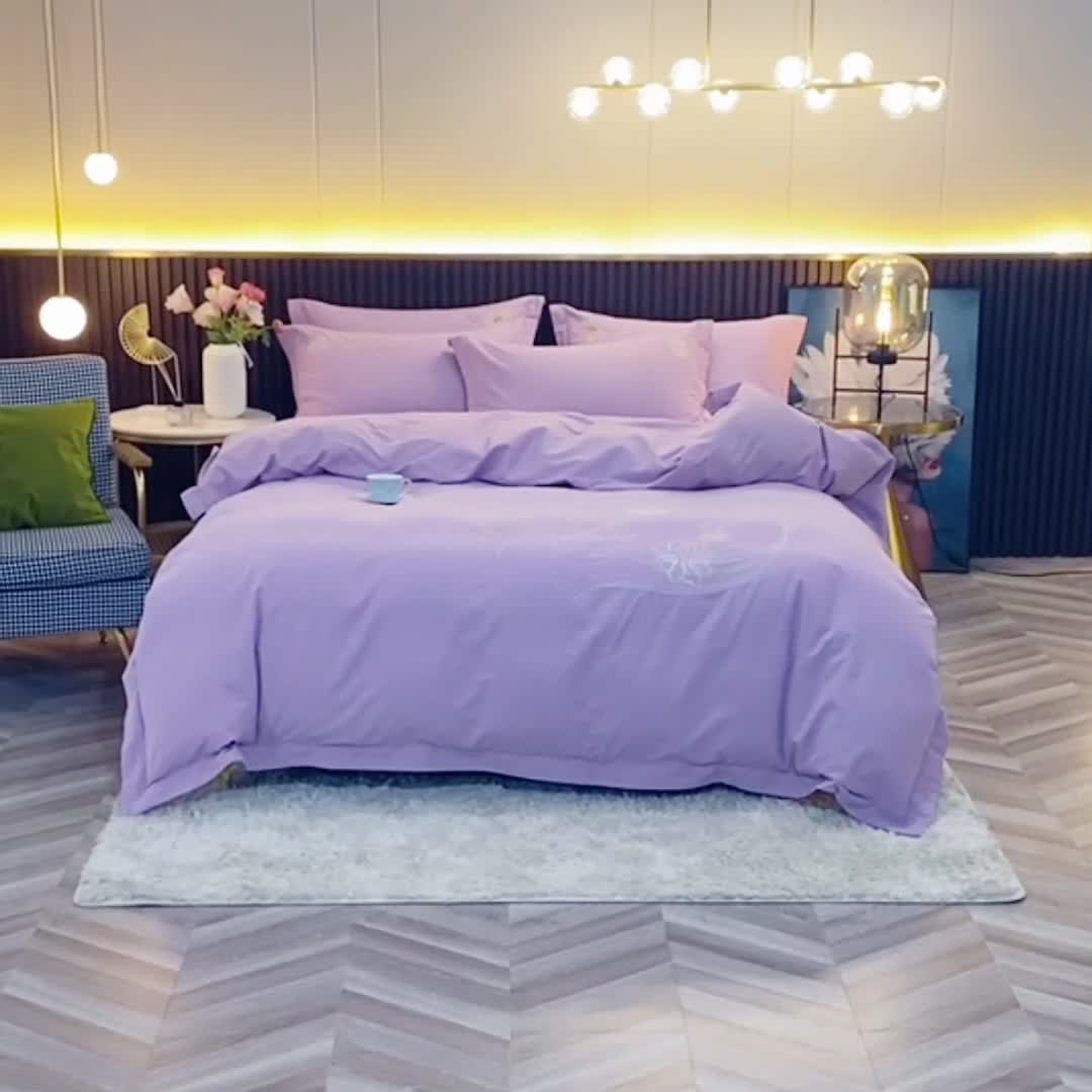 91家纺网 家纺一手货源 找家纺 优姿2022新款100S长绒棉宽边绣花四件套 似锦年华-紫色
