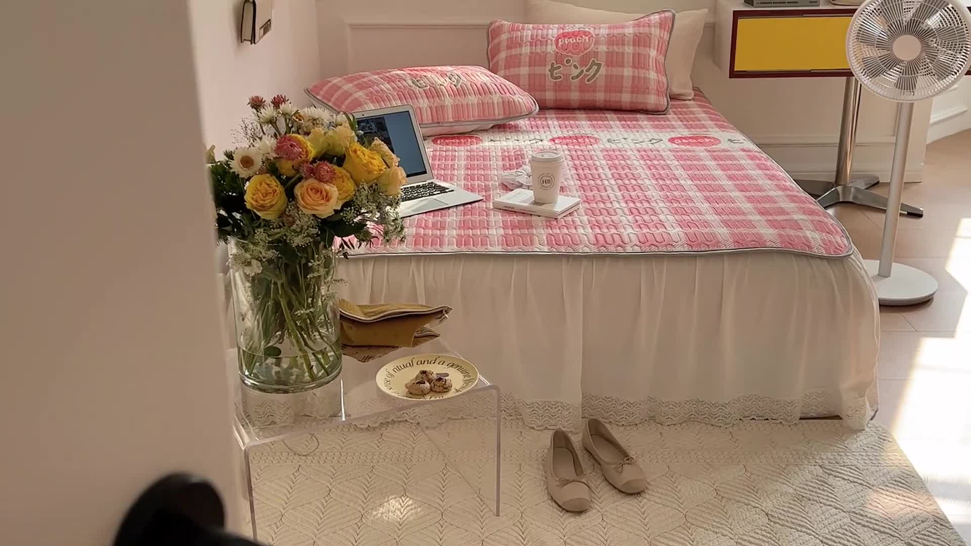 91家纺网 家纺一手货源 找家纺 昔可 2022新款大版印花乳胶凉席 格子蜜桃