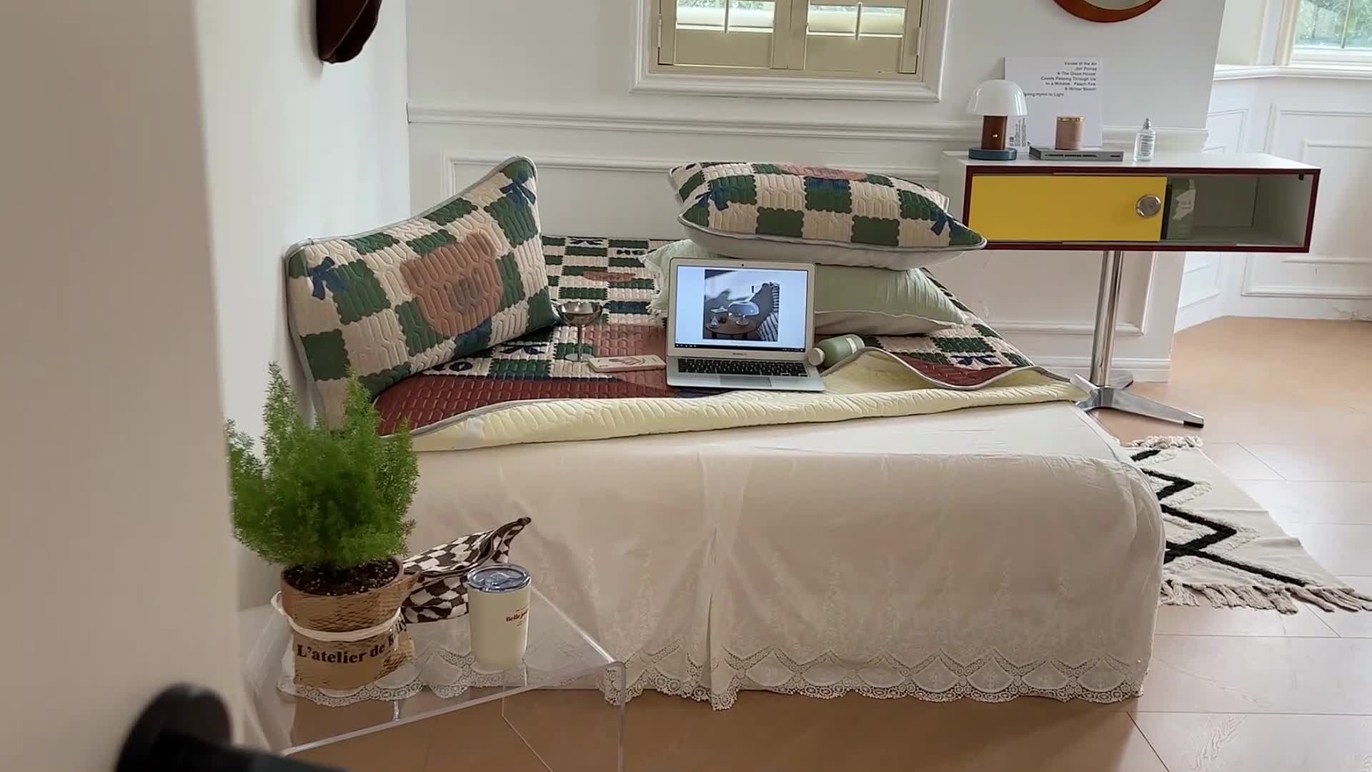 91家纺网 家纺一手货源 找家纺 昔可 2022新款大版印花乳胶凉席 格子咖熊