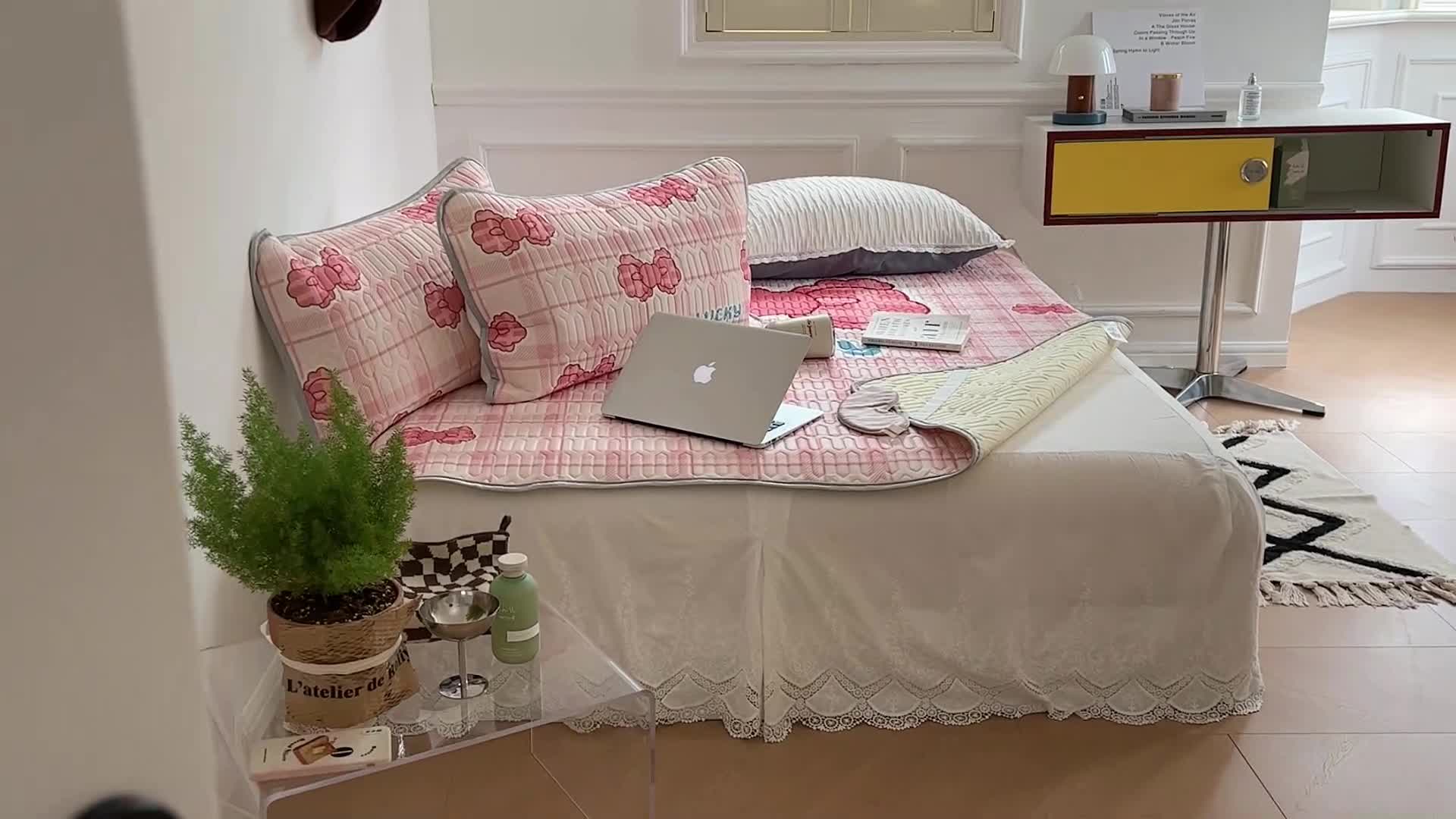 91家纺网 家纺一手货源 找家纺 昔可 2022新款大版印花乳胶凉席 粉色少女心