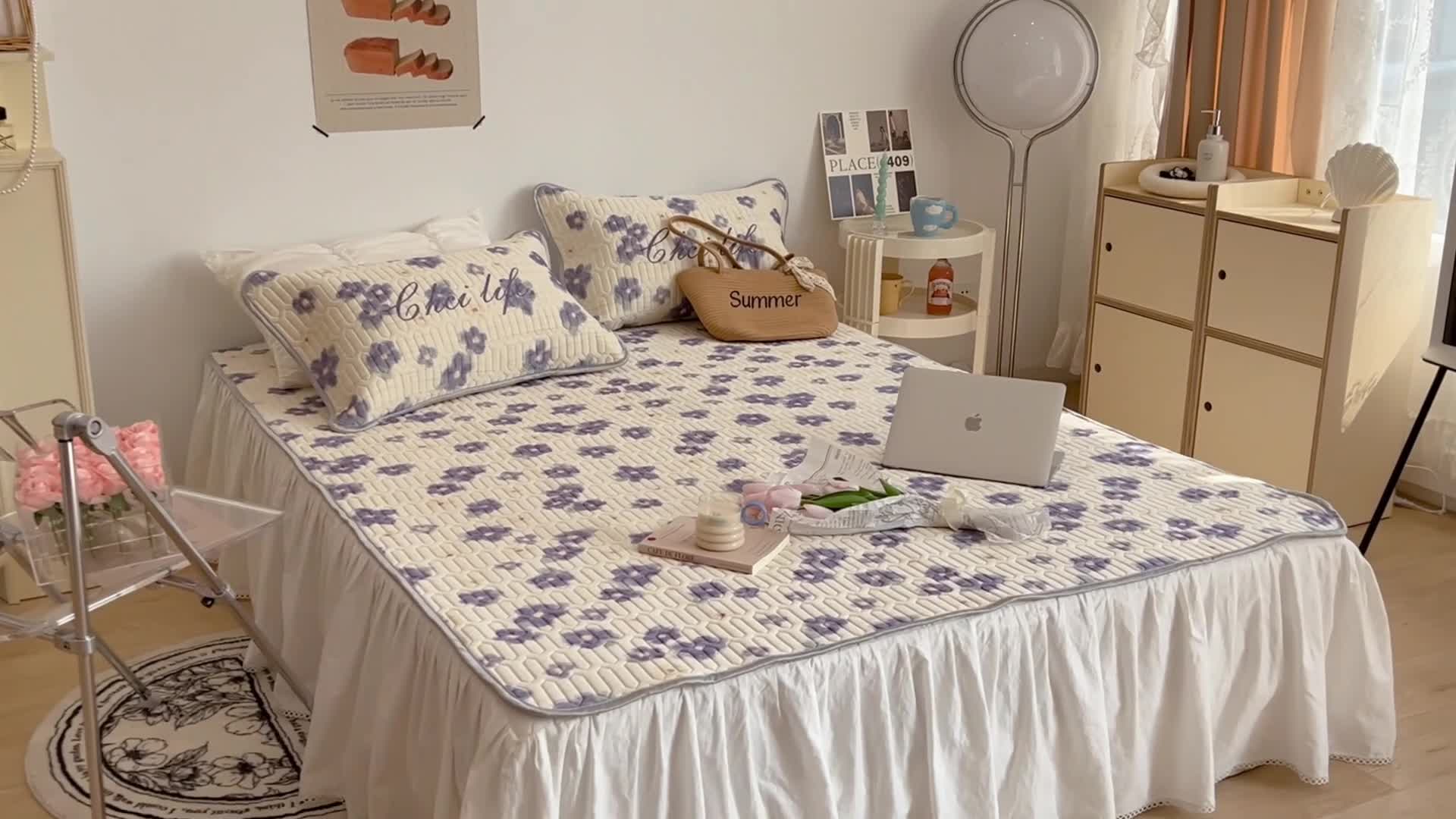 91家纺网 家纺一手货源 找家纺 昔可 2022新款圆网乳胶凉席 紫色小花