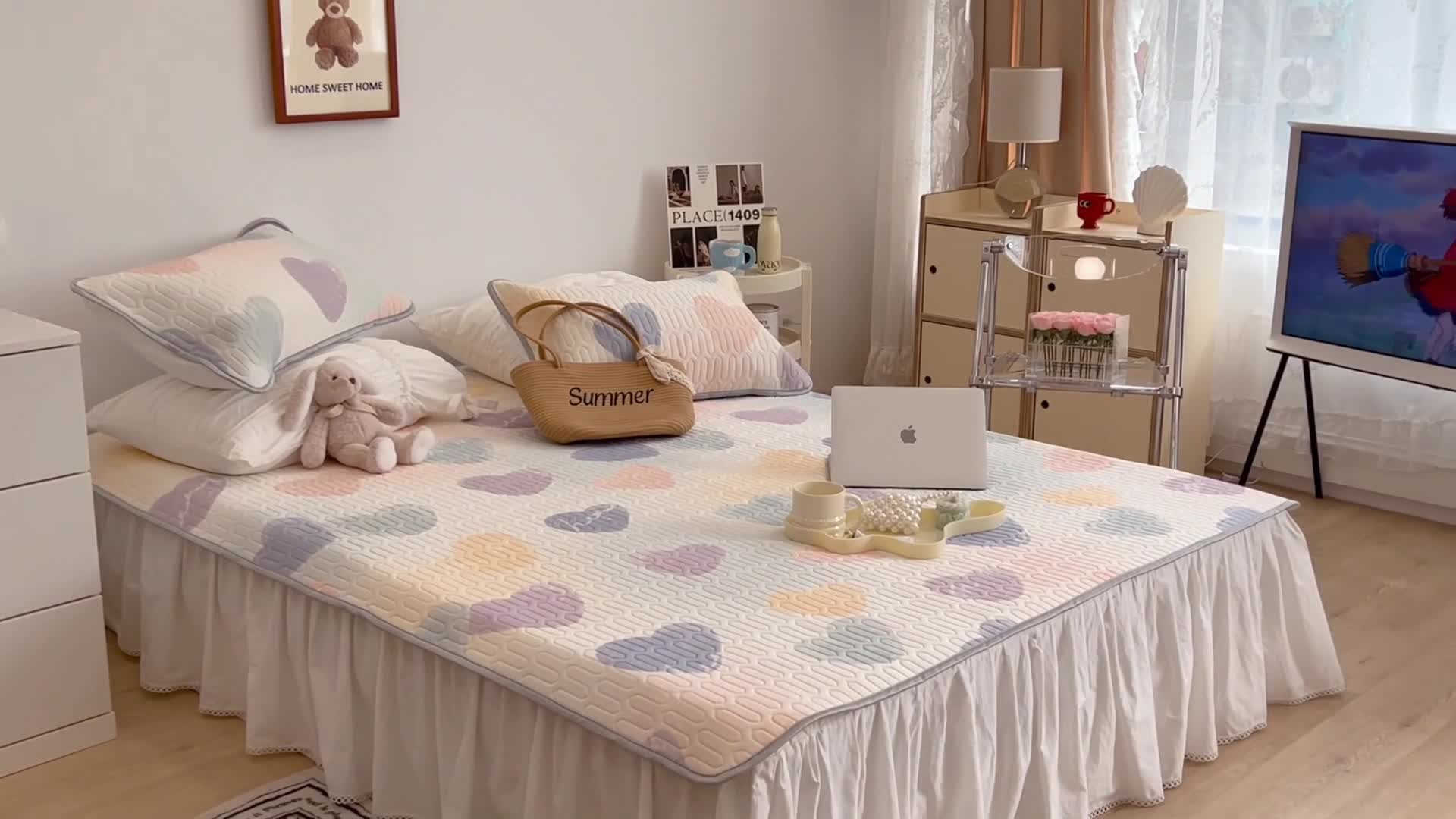 91家纺网 家纺一手货源 找家纺 昔可 2022新款圆网乳胶凉席 晕染爱心