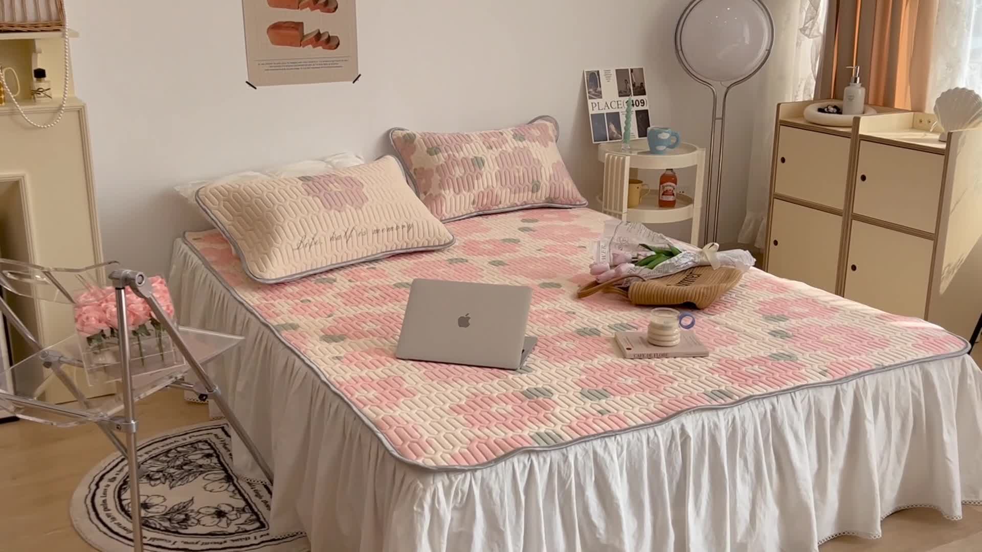 91家纺网 家纺一手货源 找家纺 昔可 2022新款圆网乳胶凉席 粉色油画花