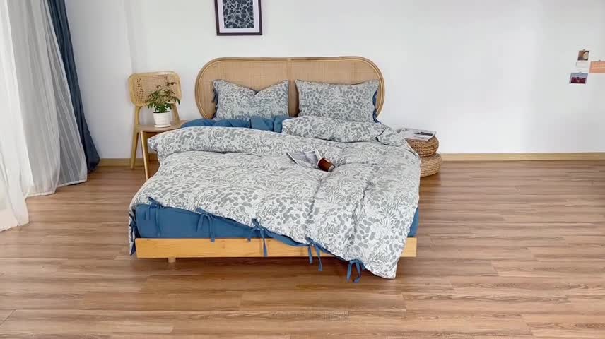 91家纺网 家纺一手货源 找家纺 22高端双层纱栀子花色织大提花蝴蝶结工艺款四件套栀子花深蓝