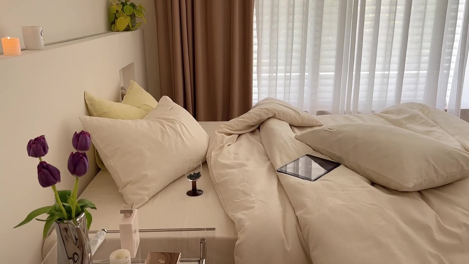 91家纺网 家纺一手货源 找家纺 昔可 2022新款60支水洗棉华夫格提花四件套拍法二 山茶米白