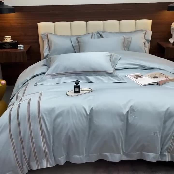 91家纺网 家纺一手货源 找家纺 缔缦家纺 2022新款100s澳棉刺绣系列四件套-布朗城堡 布朗城堡-希腊蓝