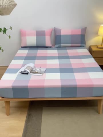 91家纺网 家纺一手货源 找家纺 雪云美 2024新款A类色织纯棉水洗棉100%新疆棉全棉床笠 蓝粉格