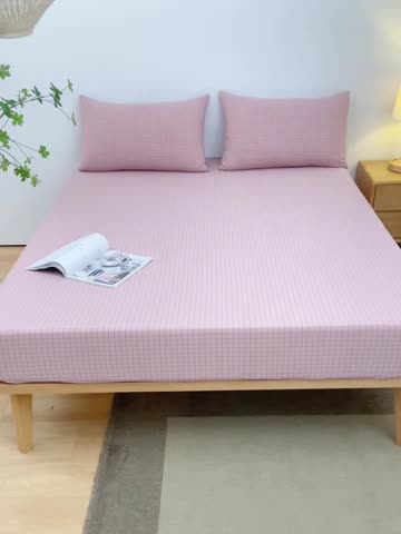 91家纺网 家纺一手货源 找家纺 雪云美 2024新款A类色织纯棉水洗棉100%新疆棉全棉床笠 粉小方格