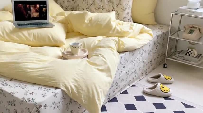 91家纺网 家纺一手货源 找家纺 新款40s全棉水洗棉四件套纯色碎花混搭纯棉春锦-奶茶+香草