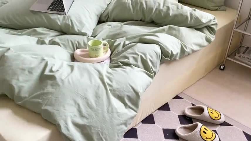 91家纺网 家纺一手货源 找家纺 新款40s全棉水洗棉四件套纯色碎花混搭纯棉初春-淡雅绿+奶茶