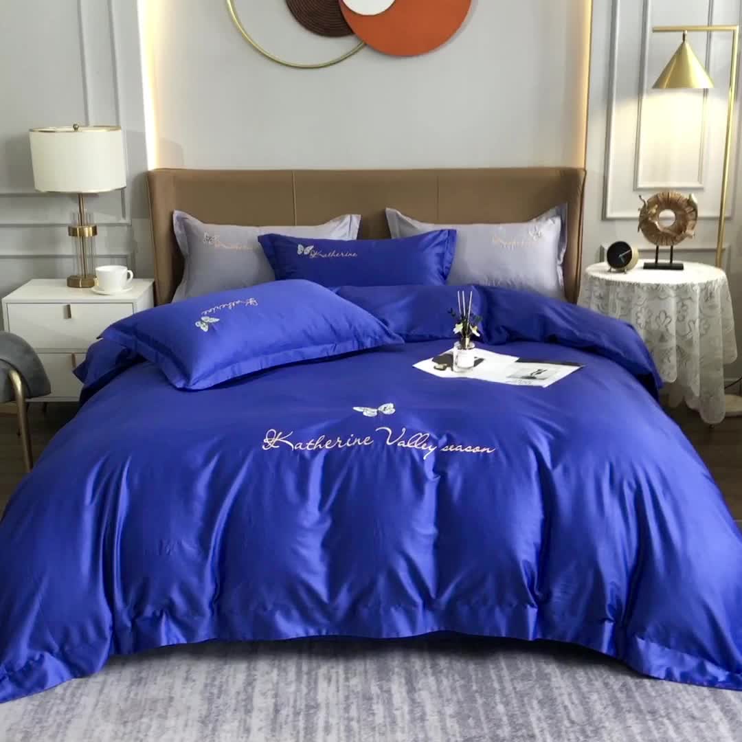 91家纺网 家纺一手货源 找家纺 总-2024全棉双股50支双股贡缎长绒棉绣花四件套蝶舞纯棉刺绣