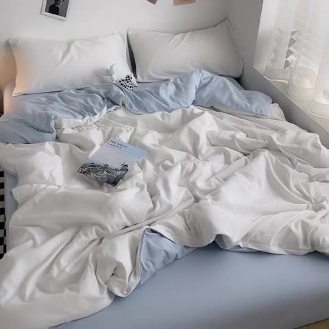 91家纺网 家纺一手货源 找家纺 曼谷家纺 新款ins风双拼小红书同款混搭床上四件套 双拼-奶白浅蓝