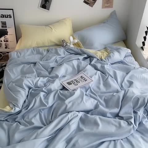 91家纺网 家纺一手货源 找家纺 曼谷家纺 新款ins风双拼小红书同款混搭床上四件套 双拼-浅蓝芝士