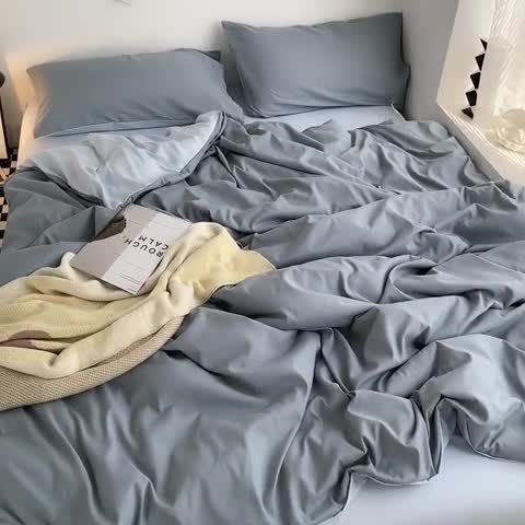 91家纺网 家纺一手货源 找家纺 曼谷家纺 新款ins风双拼小红书同款混搭床上四件套 双拼-月光雾蓝