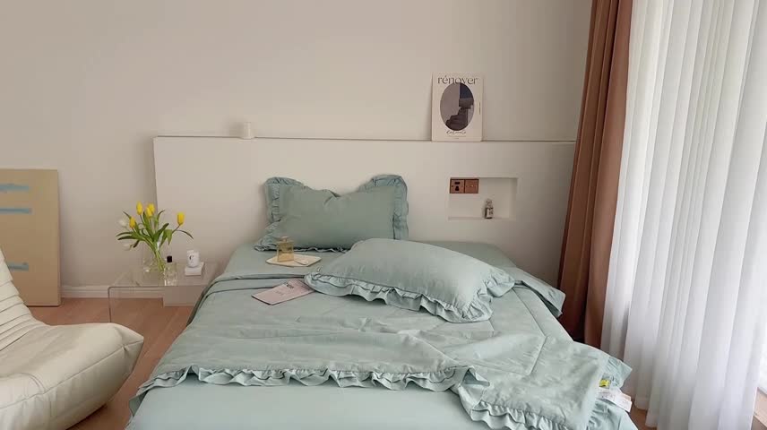 91家纺网 家纺一手货源 找家纺 昔可 2022新款60支水洗棉华夫格夏被 山茶薄荷绿