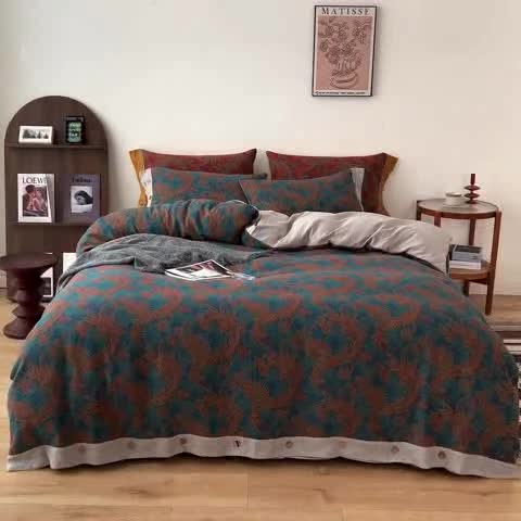 91家纺网 家纺一手货源 找家纺 凡客 2022新款全棉A类色织双层纱纽扣款四件套 爱丽尔-蓝