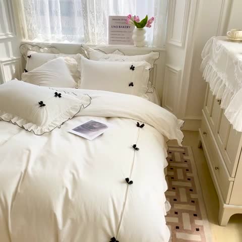 91家纺网 家纺一手货源 找家纺 玛奇朵 2022新款40S水洗棉手工订珠蝴蝶结-可可妮 可可妮-白