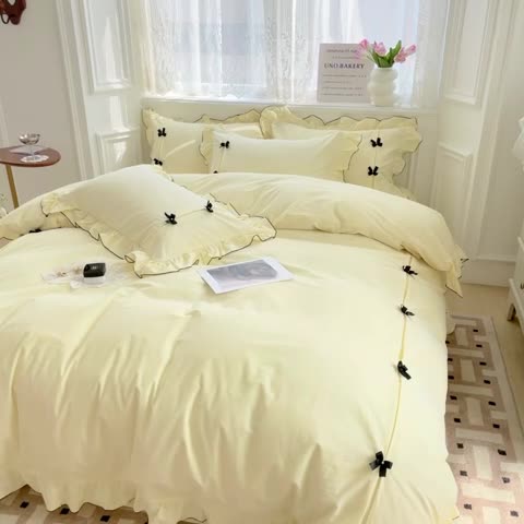 91家纺网 家纺一手货源 找家纺 玛奇朵 2022新款40S水洗棉手工订珠蝴蝶结-可可妮 可可妮-黄