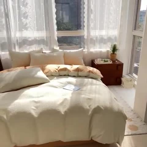 91家纺网 家纺一手货源 找家纺 蓝巢 2022新款A类华夫格全棉四件套 华夫格-奶白