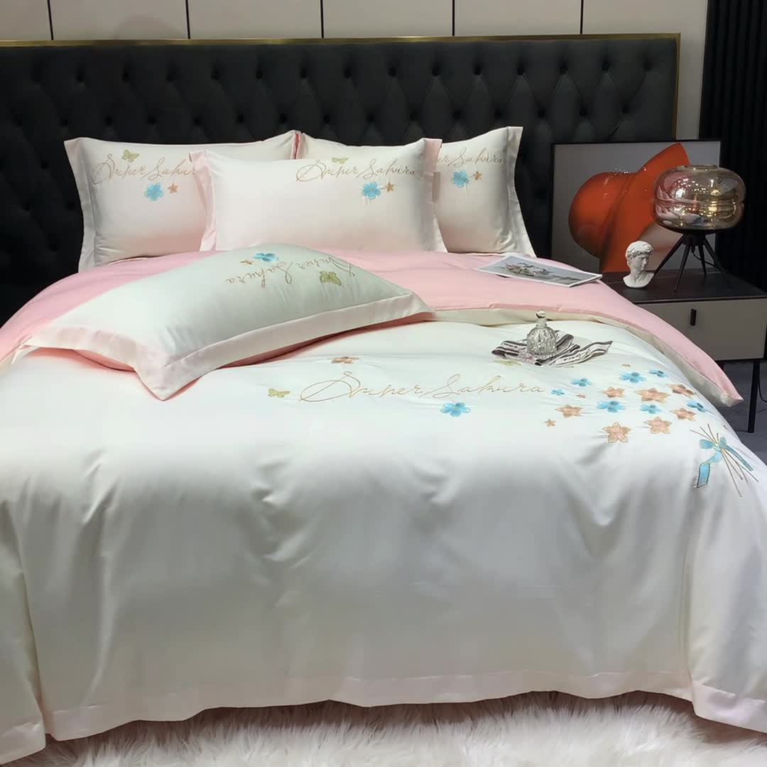 91家纺网 家纺一手货源 找家纺 安妮家居 2022新款水洗真丝刺绣四件套-花漾 白色