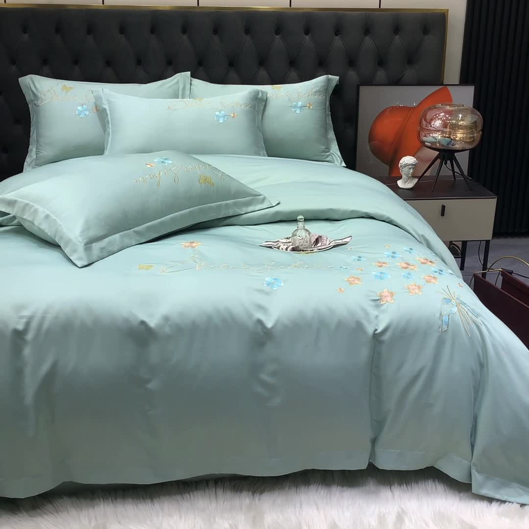 91家纺网 家纺一手货源 找家纺 安妮家居 2022新款水洗真丝刺绣四件套-花漾 水绿