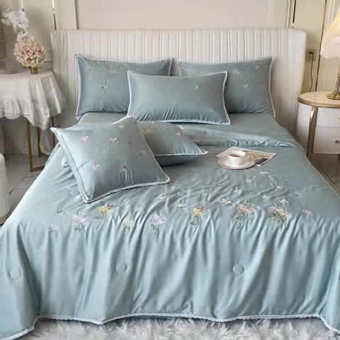 91家纺网 家纺一手货源 找家纺 安妮家居 2022新款水洗真丝夏被四件套 蕾丝浅绿