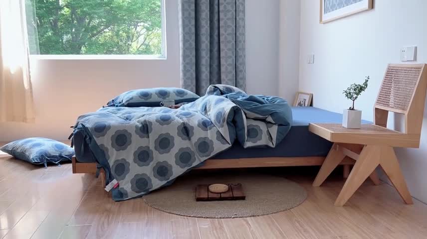 91家纺网 家纺一手货源 找家纺 安莱生活 2022新款双层纱太阳花四件套 太阳花深蓝