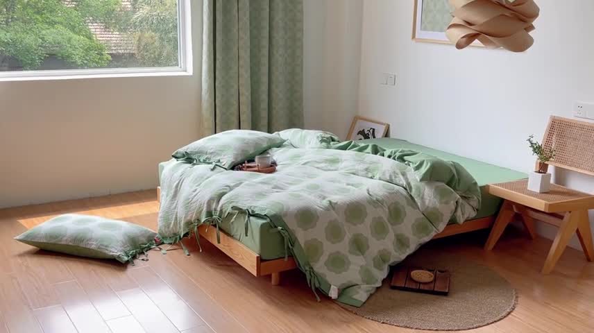 91家纺网 家纺一手货源 找家纺 安莱生活 2022新款双层纱太阳花四件套 太阳花嫩绿