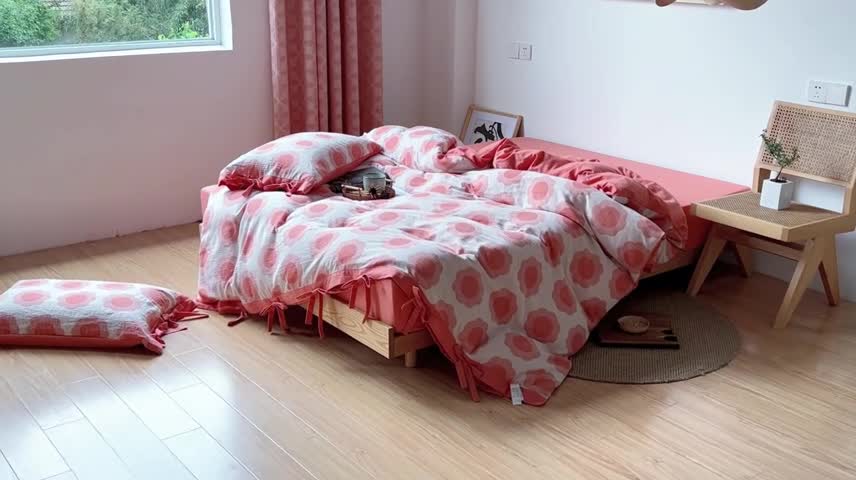 91家纺网 家纺一手货源 找家纺 安莱生活 2022新款双层纱太阳花四件套 太阳花桔红