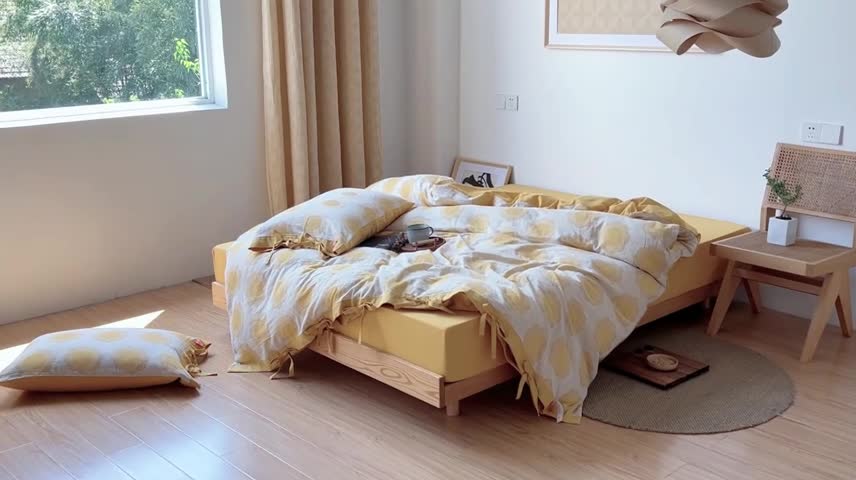 91家纺网 家纺一手货源 找家纺 安莱生活 2022新款双层纱太阳花四件套 太阳花姜黄