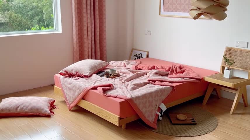 91家纺网 家纺一手货源 找家纺 安莱生活 2022新款双层纱四叶草色织大提花夏被 四叶草桔红