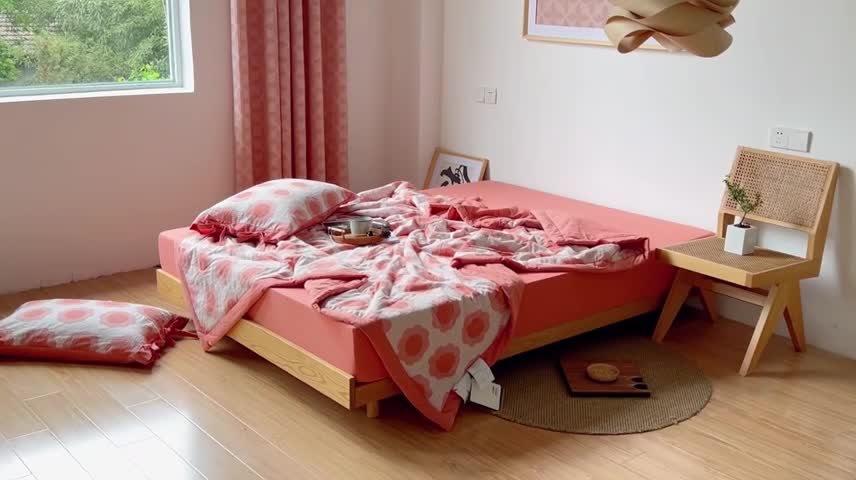 91家纺网 家纺一手货源 找家纺 安莱生活 2022新款双层纱太阳花夏被 太阳花桔红