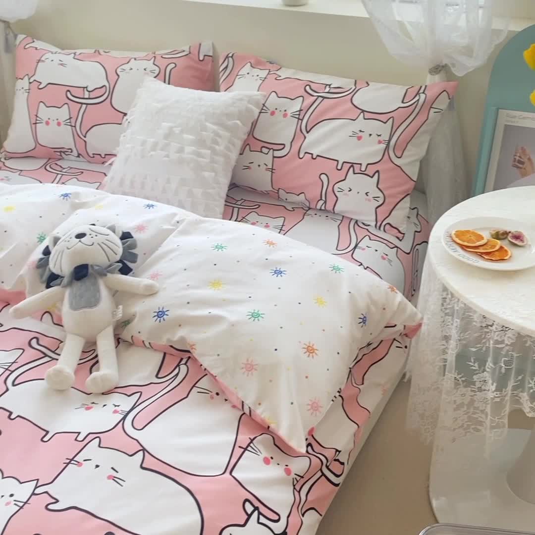 91家纺网 家纺一手货源 找家纺 一米阳光 2022新款13070全棉四件套 可爱喵