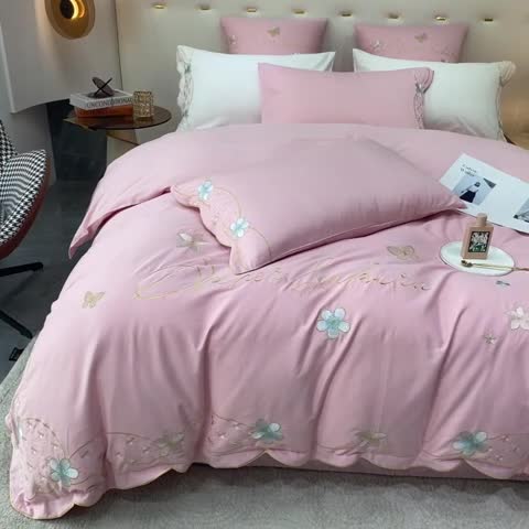 91家纺网 家纺一手货源 找家纺 安妮 2022新款全棉刺绣四件套 花颜悦色-粉