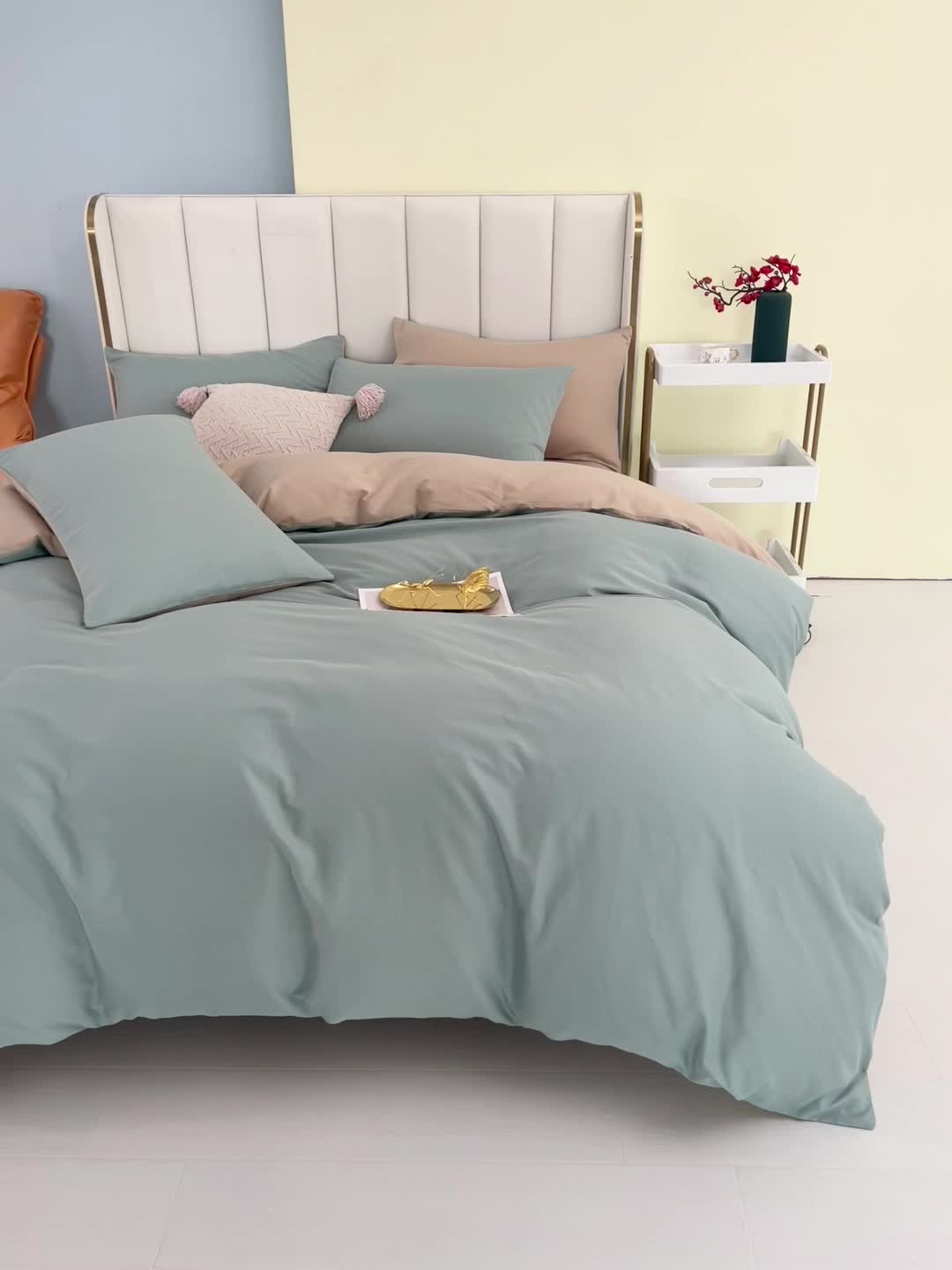 91家纺网 家纺一手货源 找家纺 柠萌2022新款全棉40支纯棉纯色双拼系列四件套 青色+卡其