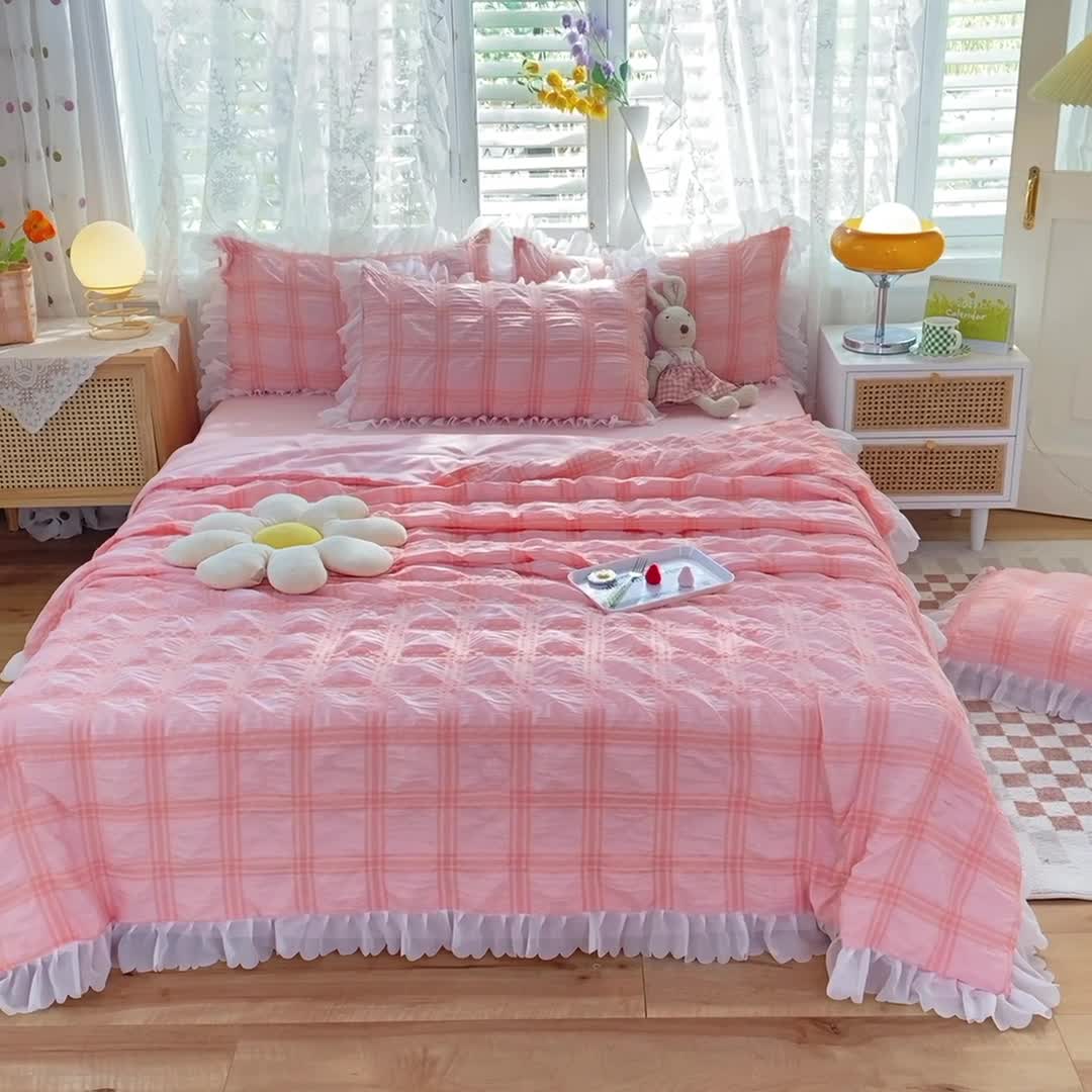 91家纺网 家纺一手货源 找家纺 梦之岛 2022新款泡泡亲肤公主风夏被四件套 蜜桃粉